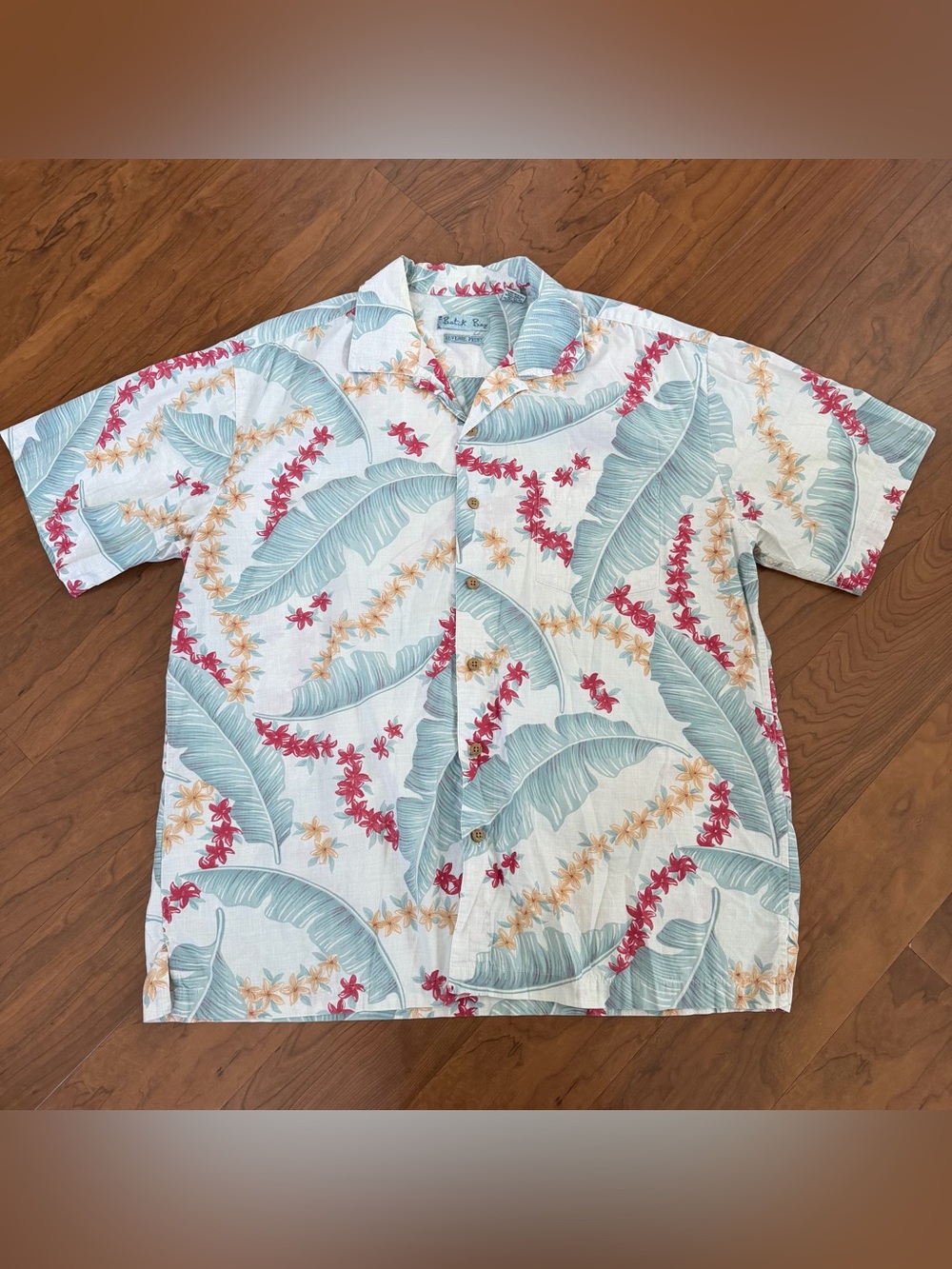 Vintage‎ Batck Bay Men's Reverse Print Hawaiian Lei Cotton Button Down Shirt XL